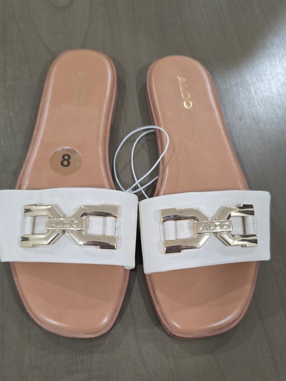 Aldo White Slide Sandals with Gold Chain Accent